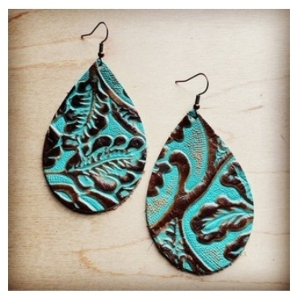 Leather Oval Earrings Cowboy Turquoise - Picture 1 of 2